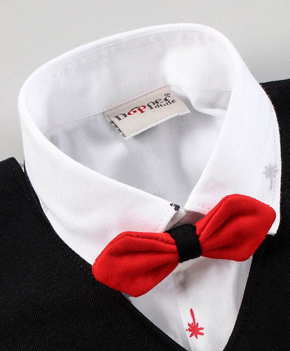 Dapper Dudes Half Sleeves Printed Shirt With Waistcoat, Bow, & Bottom - Black