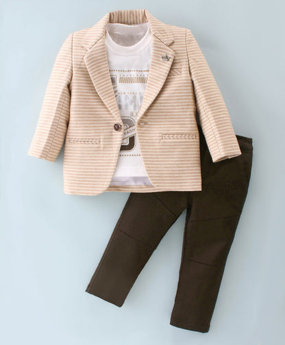 Dapper Dudes Full Sleeves Striped Blazer With Printed Tee & Bottom - Fawn