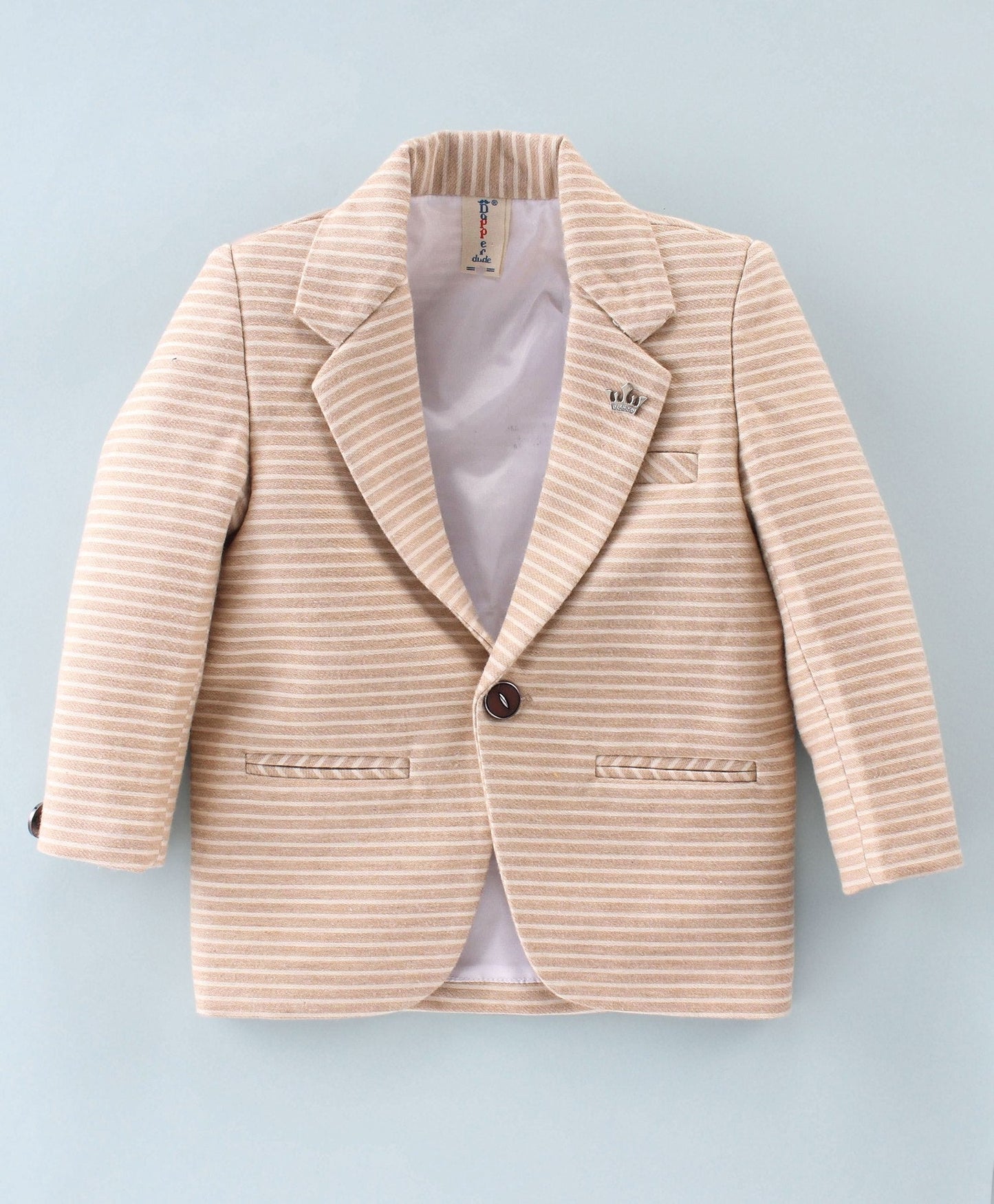 Dapper Dudes Full Sleeves Striped Blazer With Printed Tee & Bottom - Fawn