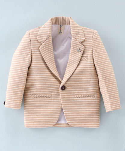 Dapper Dudes Full Sleeves Striped Blazer With Printed Tee & Bottom - Fawn