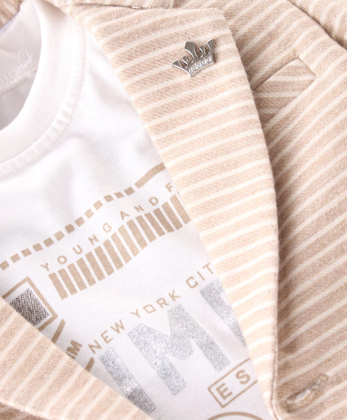 Dapper Dudes Full Sleeves Striped Blazer With Printed Tee & Bottom - Fawn
