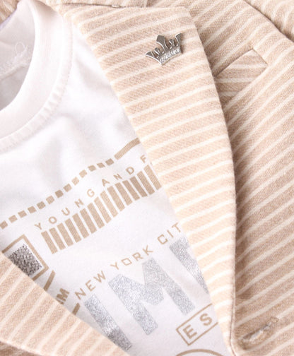Dapper Dudes Full Sleeves Striped Blazer With Printed Tee & Bottom - Fawn