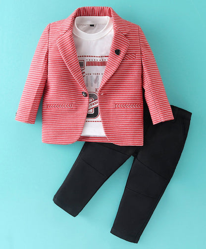 Dapper Dudes Full Sleeves Striped Blazer With Printed Tee & Bottom - Red