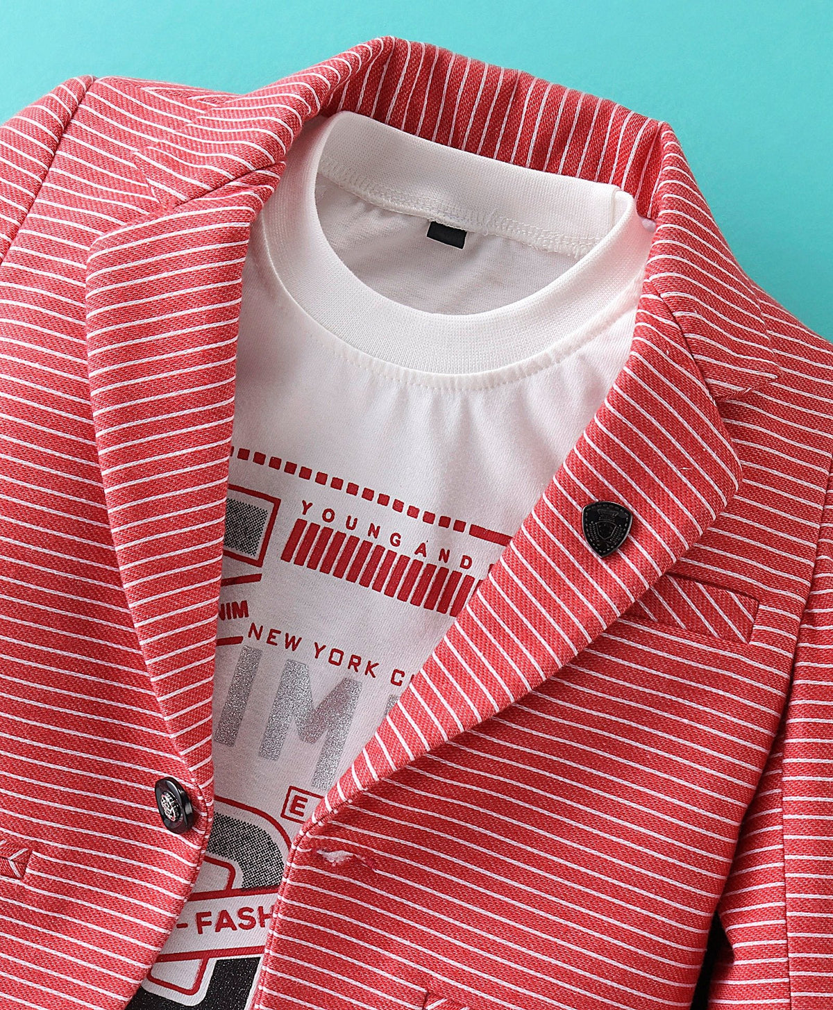 Dapper Dudes Full Sleeves Striped Blazer With Printed Tee & Bottom - Red