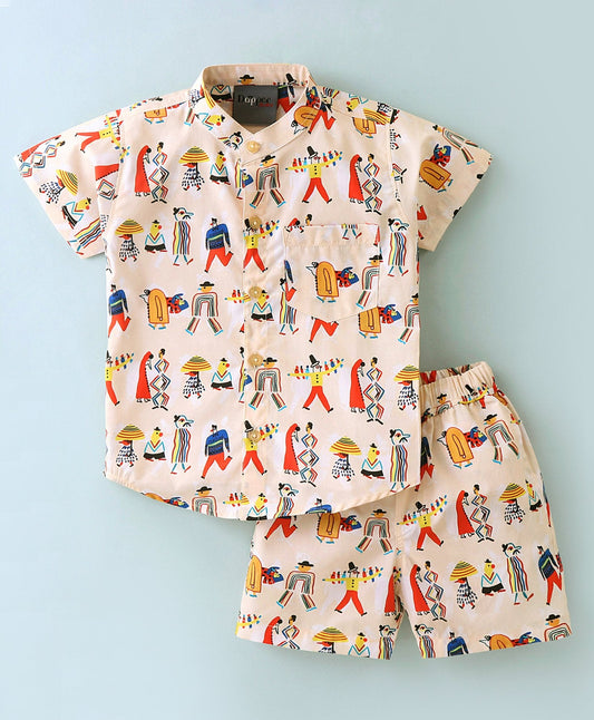 Dapper Dudes Half Sleeves Printed Shirt With Shorts - Fawn