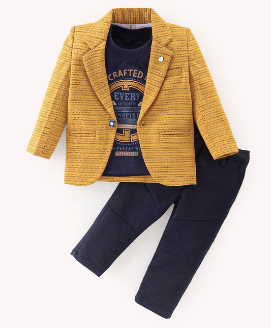 Dapper Dudes Full Sleeves Printed Blazer With Tee & Bottom - Mustard