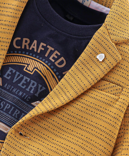 Dapper Dudes Full Sleeves Printed Blazer With Tee & Bottom - Mustard