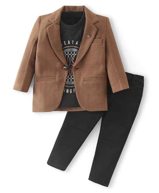 Dapper Dudes Full Sleeves Blazer With Printed Tee & Bottom - Brown