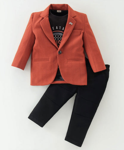 Dapper Dudes Full Sleeves Blazer With Printed Tee & Bottom - Rust