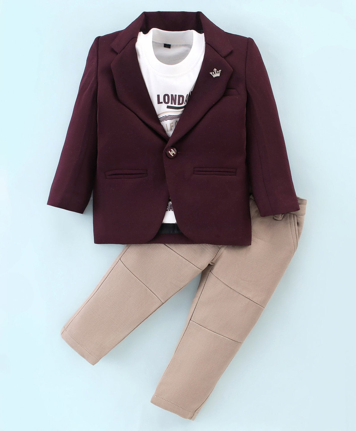 Dapper Dudes Full Sleeves Solid Blazer With Tee & Bottom - Wine