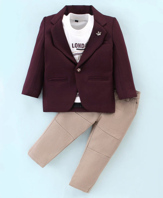 Dapper Dudes Full Sleeves Solid Blazer With Tee & Bottom - Wine
