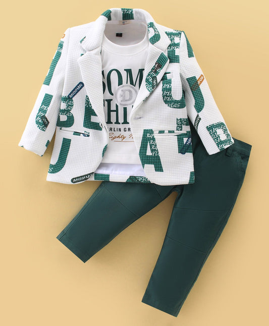 Dapper Dudes Full Sleeves Alphabets Print Blazer With Tee & Bottom - Green