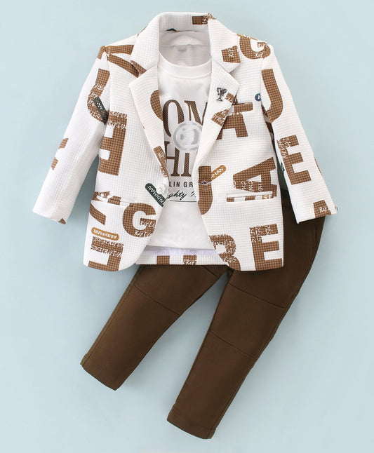 Dapper Dudes Full Sleeves Alphabets Print Blazer With Tee & Bottom - Brown