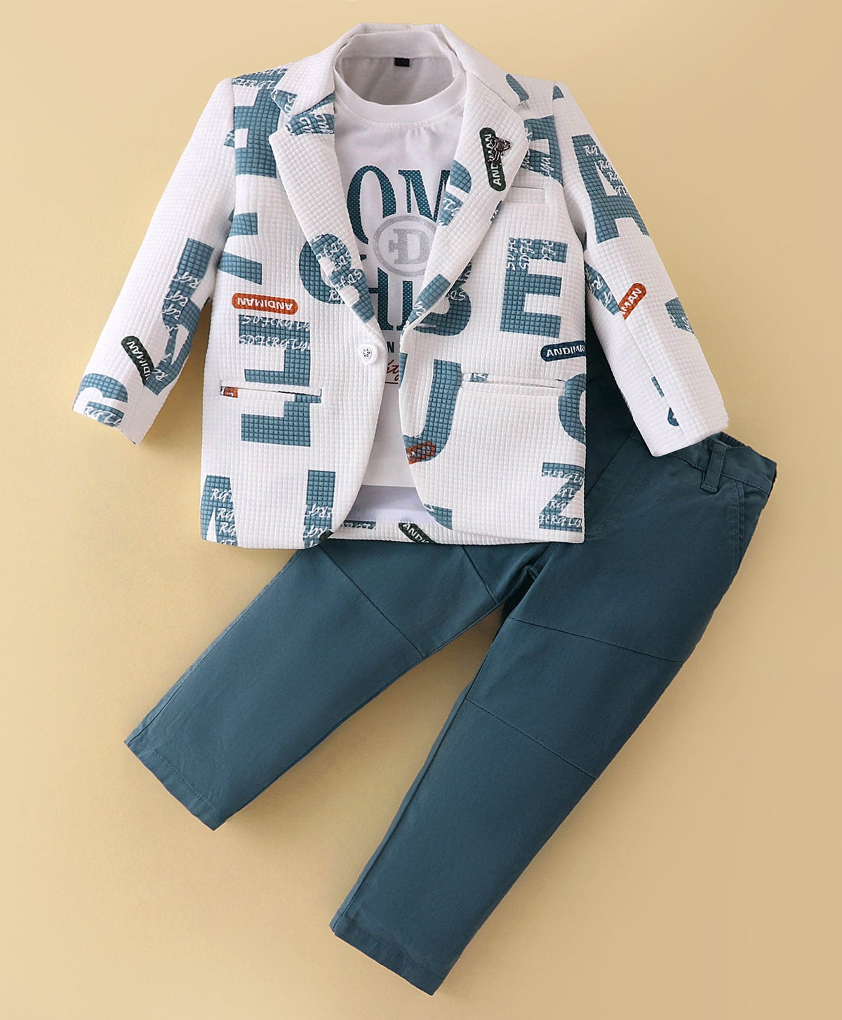 Dapper Dudes Full Sleeves Alphabets Print Blazer With Tee & Bottom - Grey