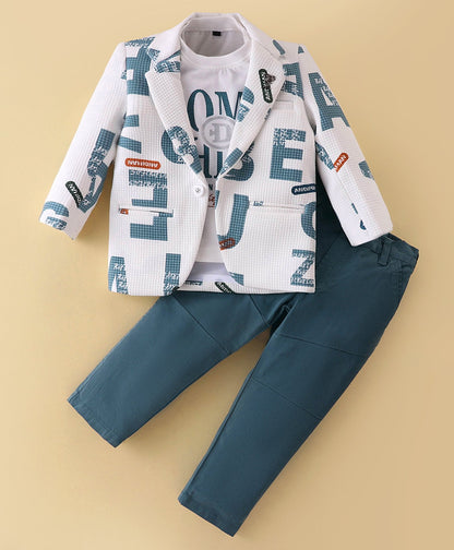 Dapper Dudes Full Sleeves Alphabets Print Blazer With Tee & Bottom - Grey