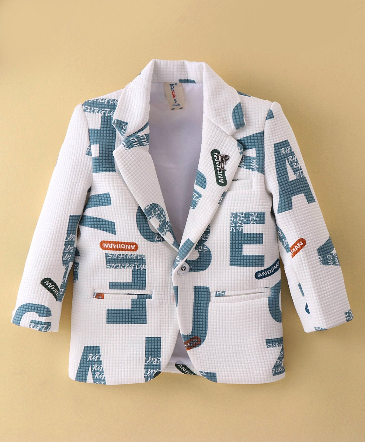 Dapper Dudes Full Sleeves Alphabets Print Blazer With Tee & Bottom - Grey