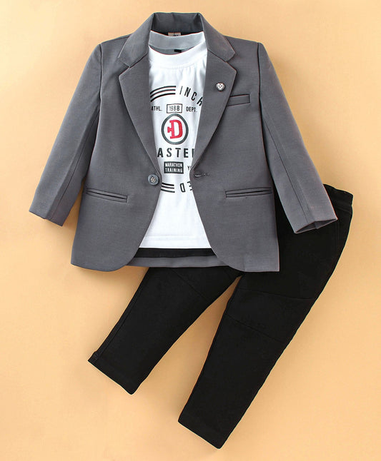 Dapper Dudes Full Sleeves Blazer With Printed Tee & Bottom - Grey