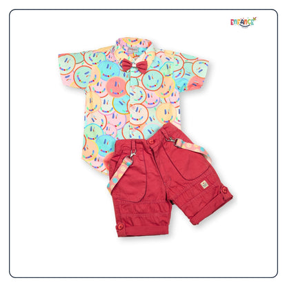 Dapper Dudes Half Sleeves Smiley Theme Printed With Shorts & Suspender - Pink