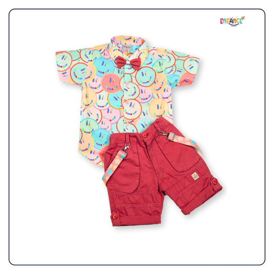 Dapper Dudes Half Sleeves Smiley Theme Printed With Shorts & Suspender - Pink