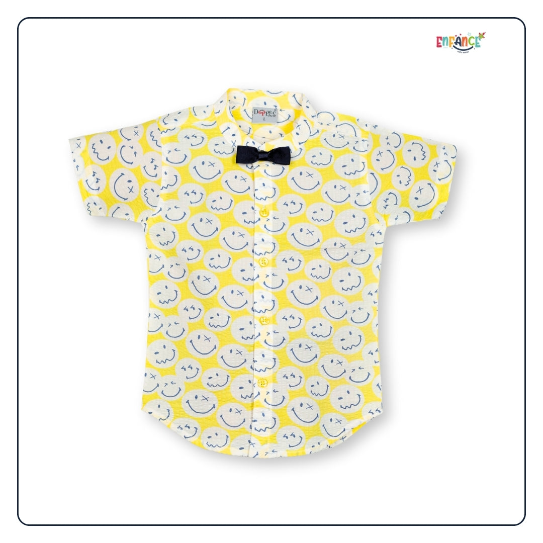 Dapper Dudes Full Sleeves Smiley Theme Printed Shirt With Shorts & Suspender - Yellow