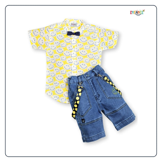 Dapper Dudes Full Sleeves Smiley Theme Printed Shirt With Shorts & Suspender - Yellow