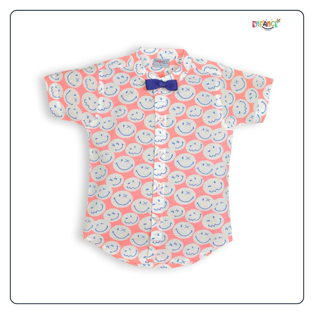 Dapper Dudes Full Sleeves Smiley Theme Printed Shirt With Shorts & Suspender - Peach
