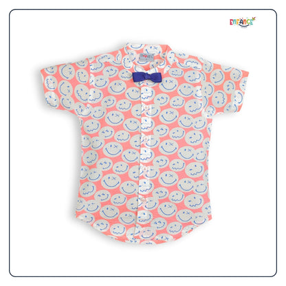 Dapper Dudes Full Sleeves Smiley Theme Printed Shirt With Shorts & Suspender - Peach