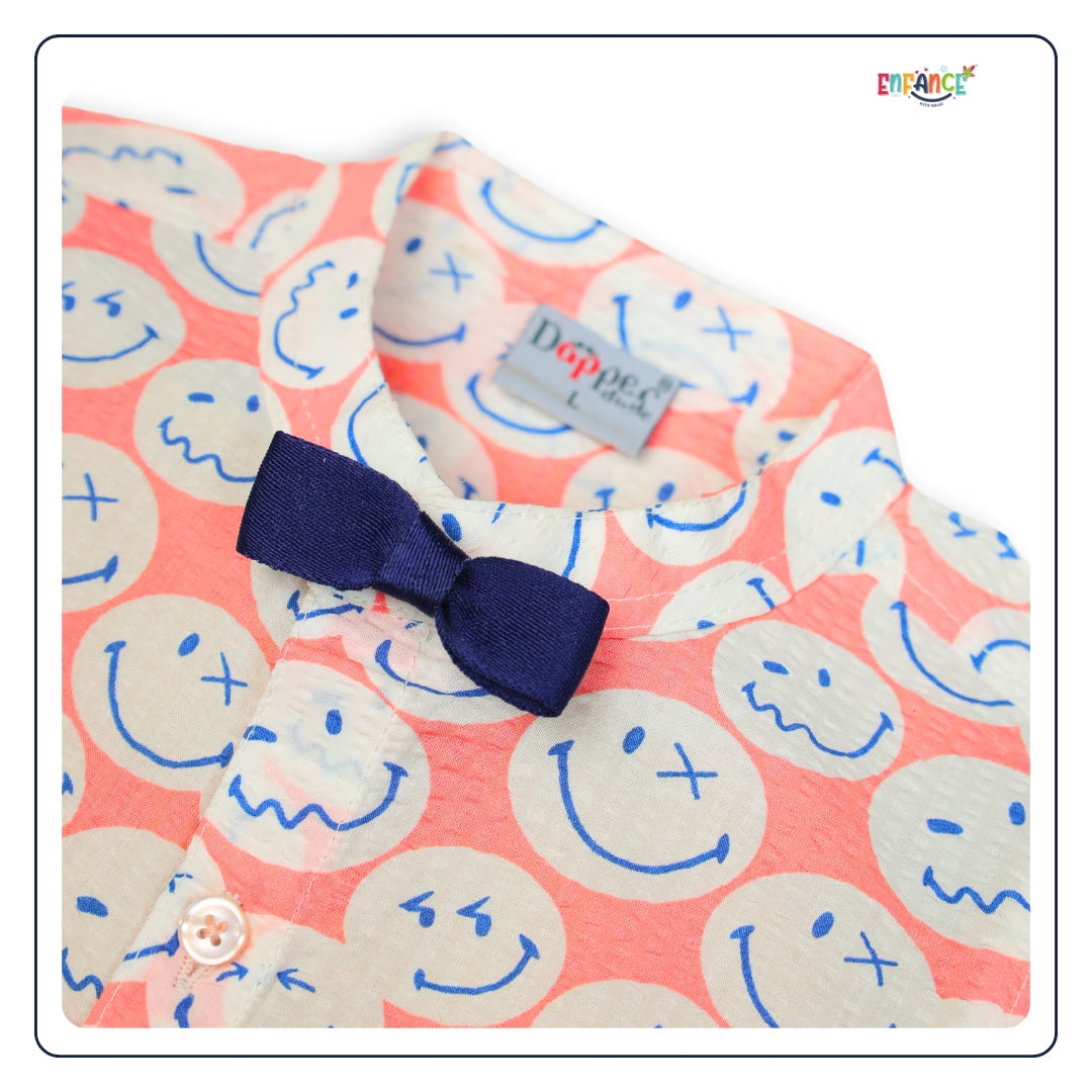 Dapper Dudes Full Sleeves Smiley Theme Printed Shirt With Shorts & Suspender - Peach