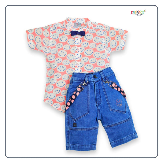 Dapper Dudes Full Sleeves Smiley Theme Printed Shirt With Shorts & Suspender - Peach