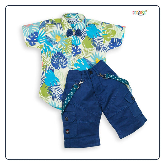 Dapper Dudes Half Sleeves Floral Printed Shirt With Shorts & Bow - Green