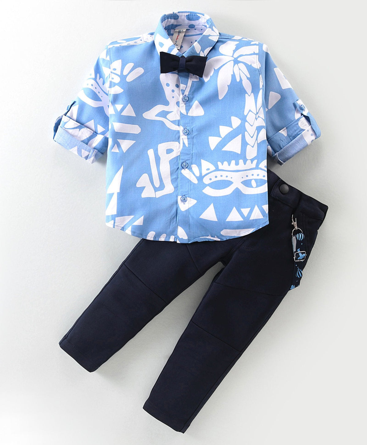 Dapper Dudes Full Sleeves Printed Suspender Shirt With Bow & Bottom - Blue