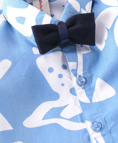 Dapper Dudes Full Sleeves Printed Suspender Shirt With Bow & Bottom - Blue