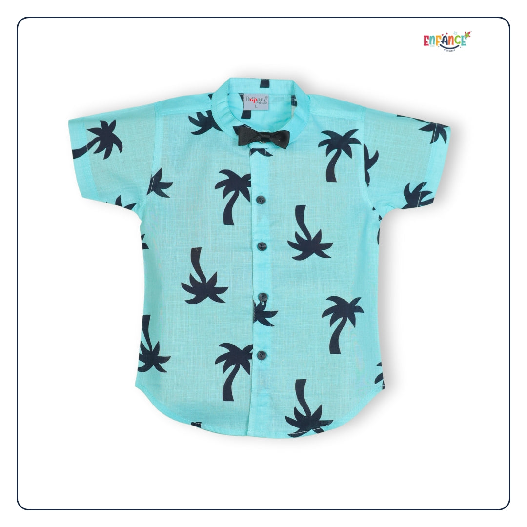 Dapper Dudes Half Sleeves Trees Printed Shirt Shorts & Bow With Suspender - S.Green
