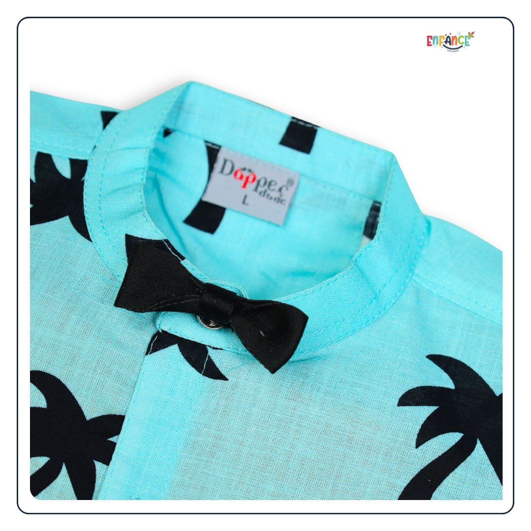 Dapper Dudes Half Sleeves Trees Printed Shirt Shorts & Bow With Suspender - S.Green