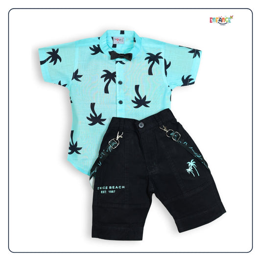Dapper Dudes Half Sleeves Trees Printed Shirt Shorts & Bow With Suspender - S.Green