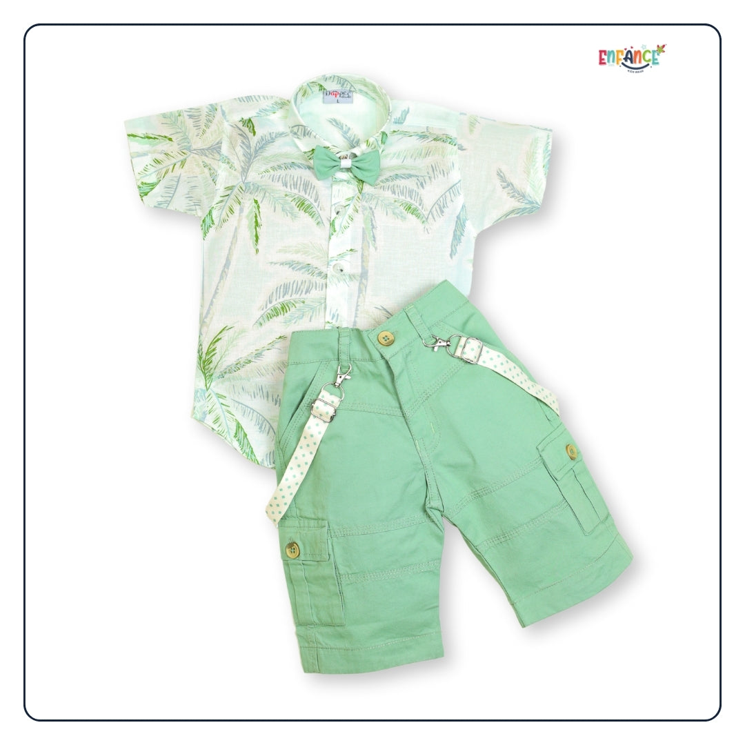 Dapper Dudes Half Sleeves Palm Trees Printed Shirt Shorts & Bow With Suspender - Pista