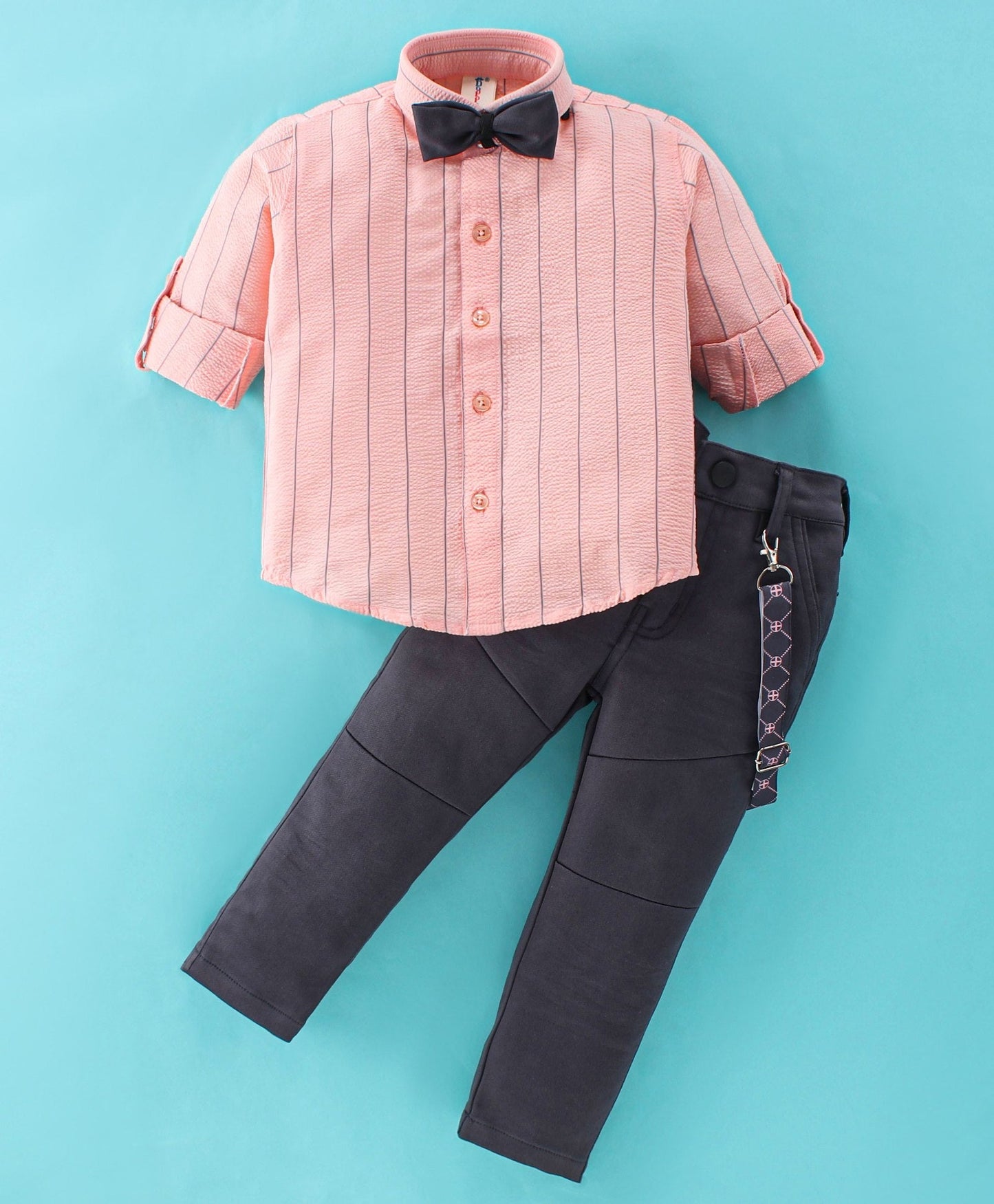 Dapper Dudes Full Sleeves Striped Suspender Shirt With Bow & Bottom - Peach