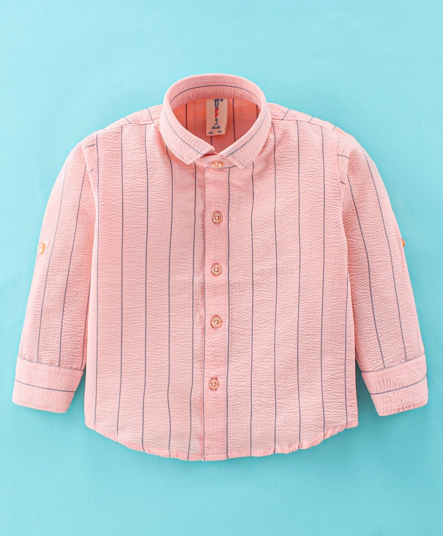 Dapper Dudes Full Sleeves Striped Suspender Shirt With Bow & Bottom - Peach