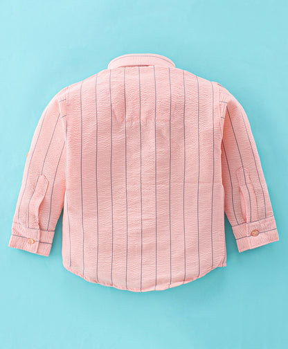 Dapper Dudes Full Sleeves Striped Suspender Shirt With Bow & Bottom - Peach