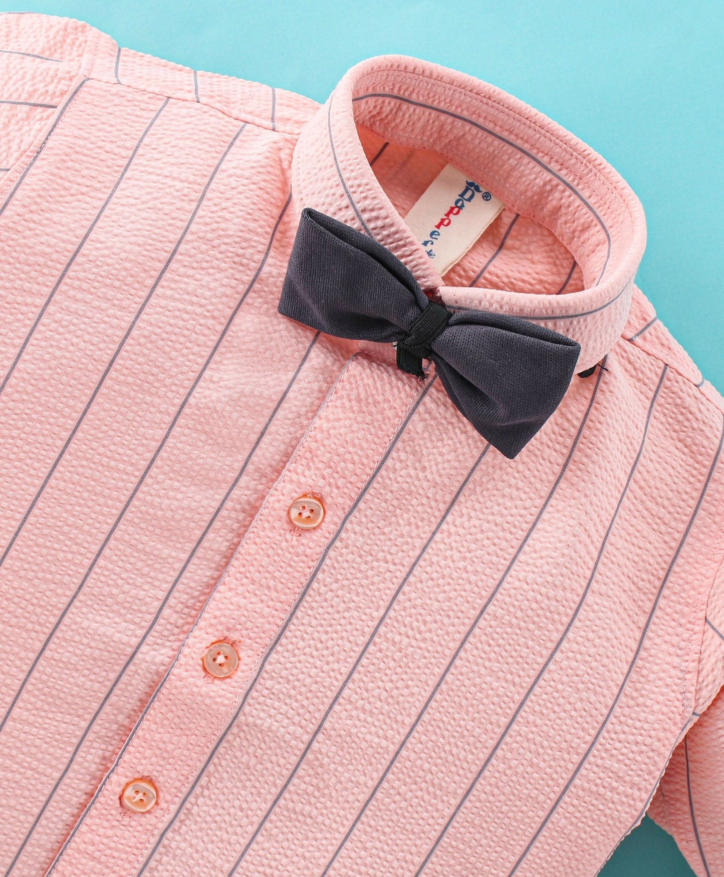 Dapper Dudes Full Sleeves Striped Suspender Shirt With Bow & Bottom - Peach