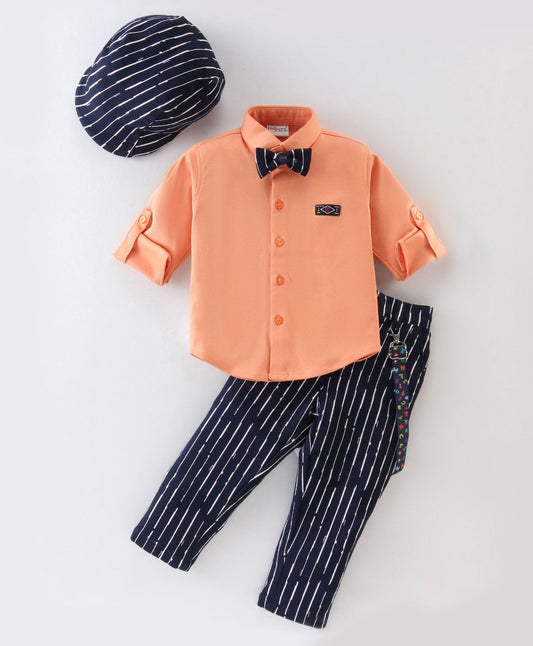 Dapper Dudes Full Sleeves Suspender Shirt With Striped Bow ,Cap & Bottom - Orange