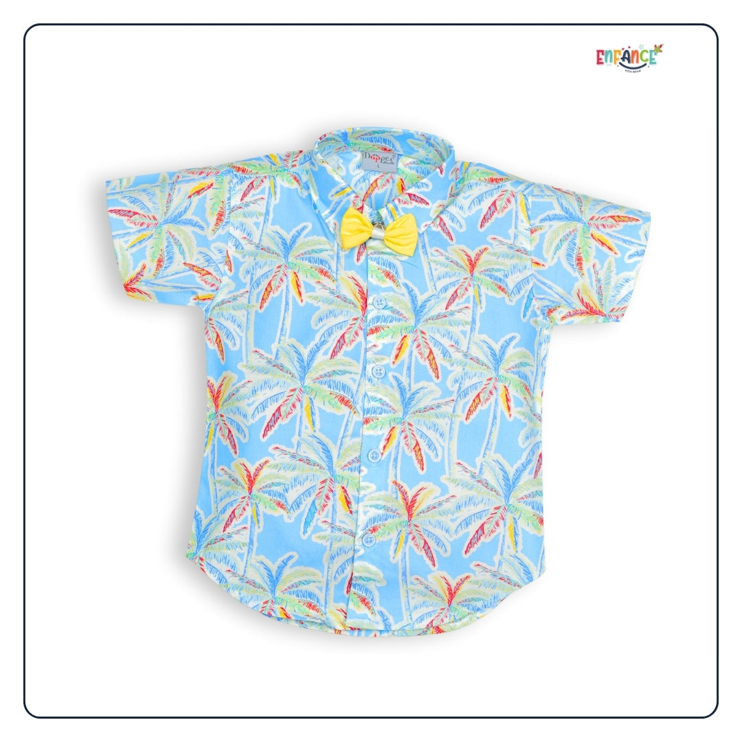 Dapper Dudes Half Sleeves Leaves Printed Shirt With Shorts Suspender & Bow Set - Yellow