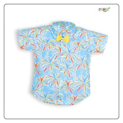 Dapper Dudes Half Sleeves Leaves Printed Shirt With Shorts Suspender & Bow Set - Yellow