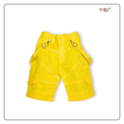 Dapper Dudes Half Sleeves Leaves Printed Shirt With Shorts Suspender & Bow Set - Yellow