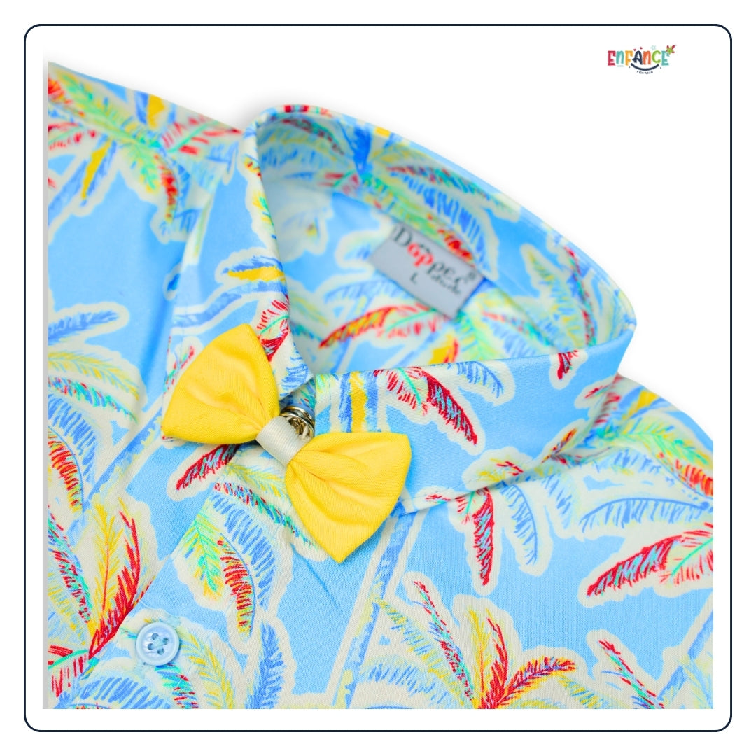 Dapper Dudes Half Sleeves Leaves Printed Shirt With Shorts Suspender & Bow Set - Yellow