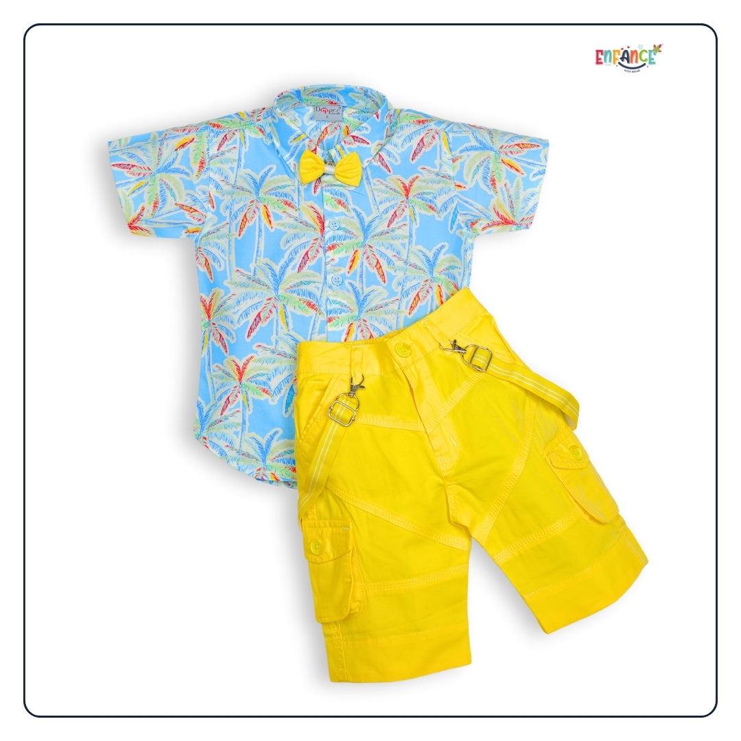 Dapper Dudes Half Sleeves Leaves Printed Shirt With Shorts Suspender & Bow Set - Yellow