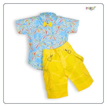 Dapper Dudes Half Sleeves Leaves Printed Shirt With Shorts Suspender & Bow Set - Yellow