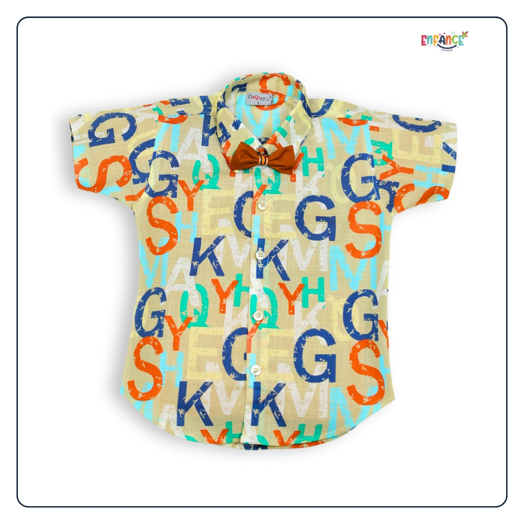 Dapper Dudes Half Sleeves Alphabets Printed Shirt With Shorts & Bow - Brown