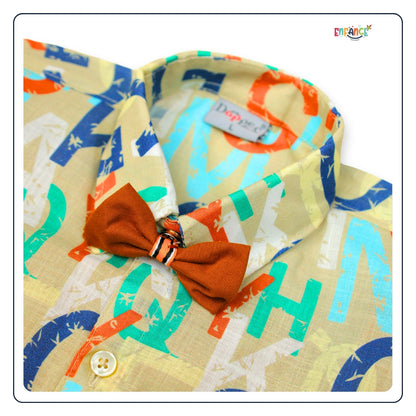Dapper Dudes Half Sleeves Alphabets Printed Shirt With Shorts & Bow - Brown