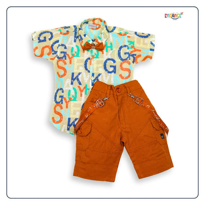 Dapper Dudes Half Sleeves Alphabets Printed Shirt With Shorts & Bow - Brown